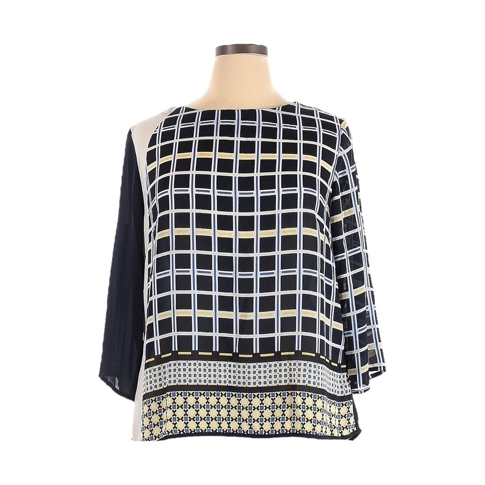 🌺 Madison Paige Navy Geometric Print Blouse 1X Pleated Back Lightweight